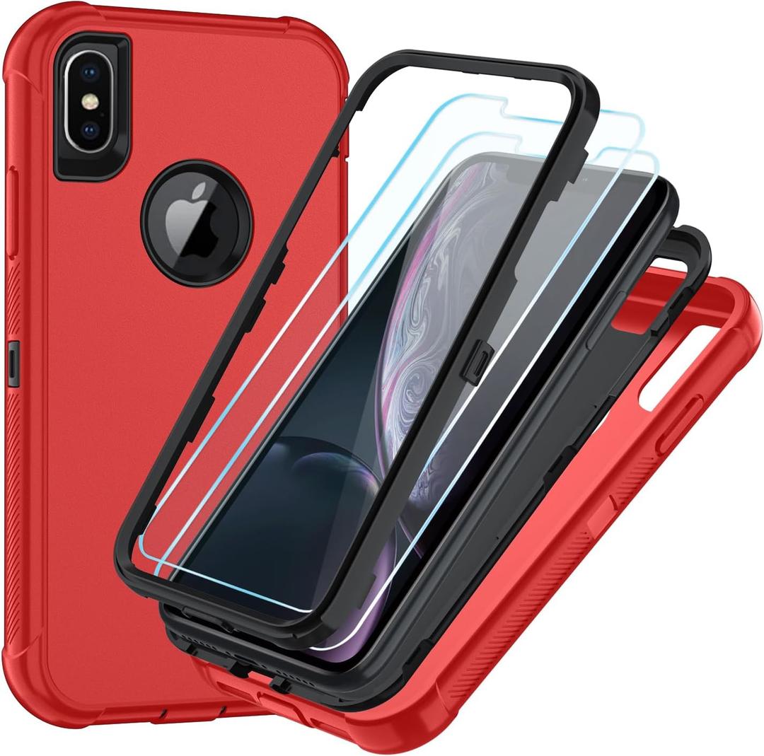 SunStory Compatible with iPhone Xs/X Case with HD Screen Protector, 3-Layer Heavy Duty Full-Body Cover,3 in 1 Hybrid Protective Case for iPhone Xs/X 5.8",Red