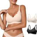 Womens Seamless Bras No Underwire Wireless Push Up Full Coverage Bra Scalloped V Neck T-Shirt Bra Comfort Bralettes (X-Large, Black+beige)