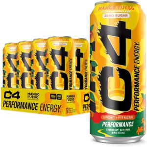 C4 Performance Energy Drink, Mango Fuego, Zero Sugar Carbonated Preworkout Energy, 200mg Caffeine with Beta Alanine, 16 Fl Oz (12 Pack) (EXP 12/01/27)