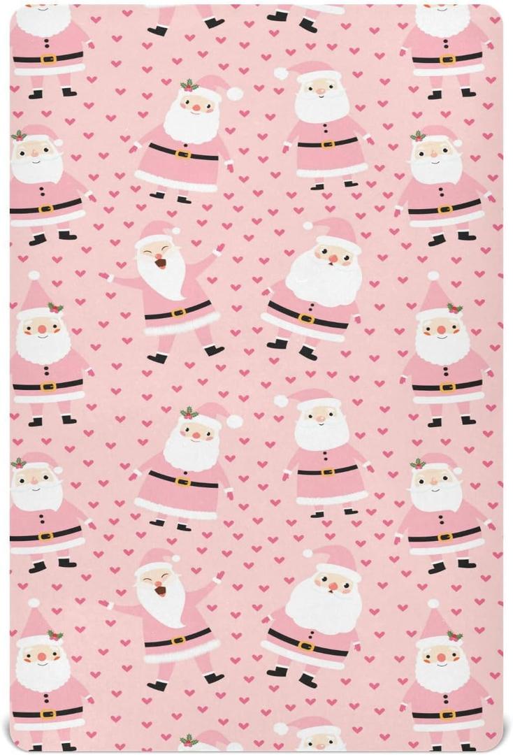 Christmas Pink Santa Crib Sheets Soft Breathable Fitted Baby Crib Sheets Mattress Cover for Girl Boys, 52" x 28" x 9"