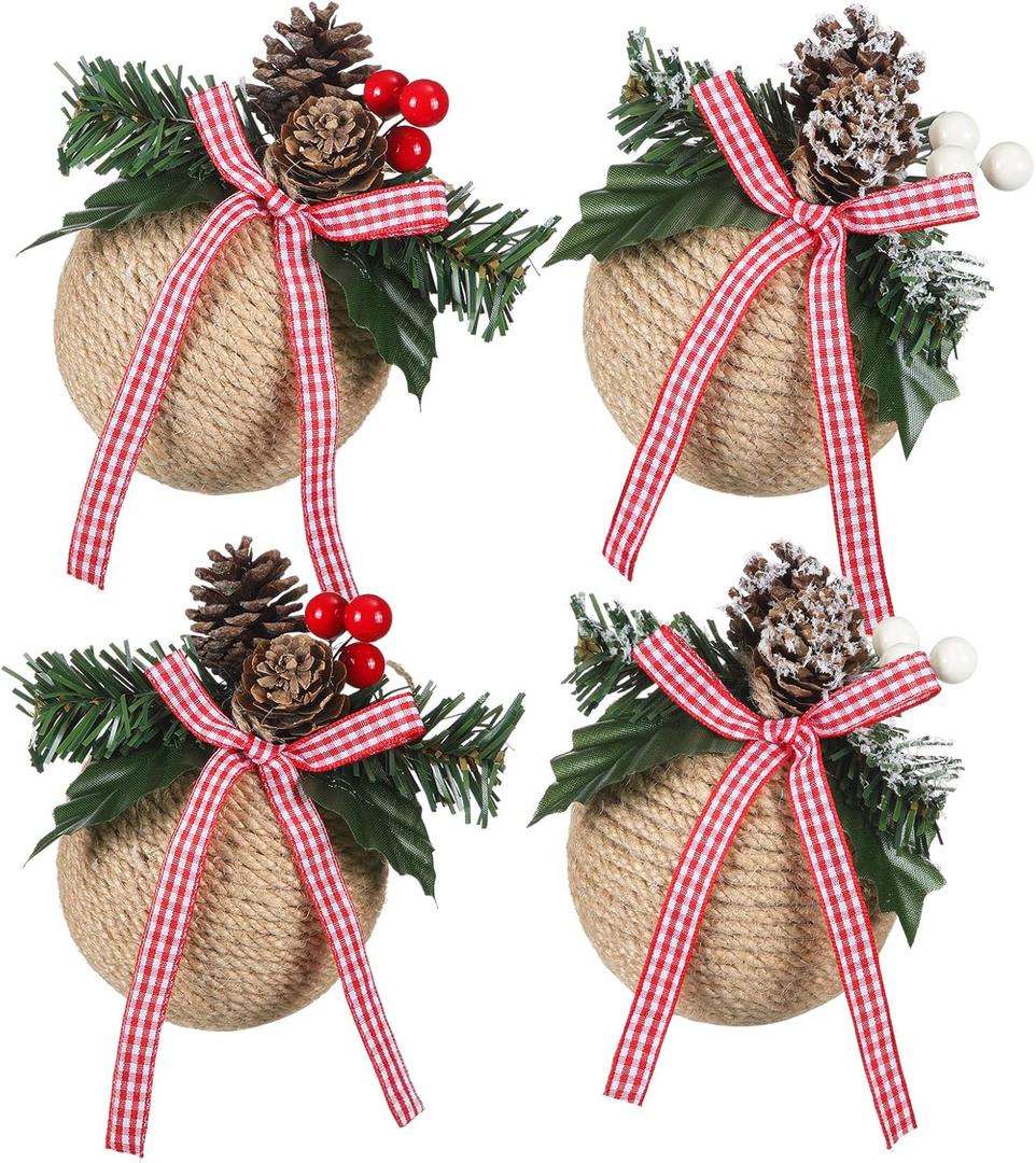 Civaner 4 Pcs 3.15 Inch Elegant Christmas Ball Ornaments with Pine Cones Farmhouse Neutral Rustic Linen Xmas Ornaments Rustic Christmas Tree Decoration Hanging Decor for Xmas Party Tree Home Decor
