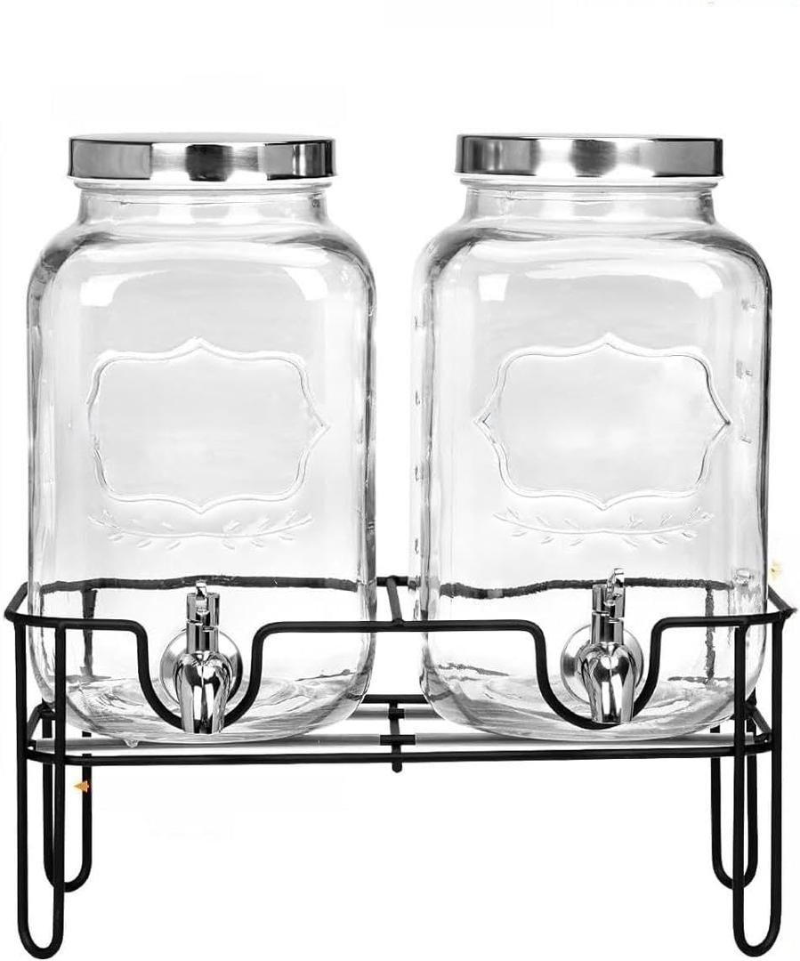Superlele Glass Drinks Dispenser for Parties, 2 PACK 1 Gallon Beverage Dispenser with Stand for Juice and Iced Tea, Water Jug Dispenser for Lemonade, Party Essential Beverage Pitcher with Spout