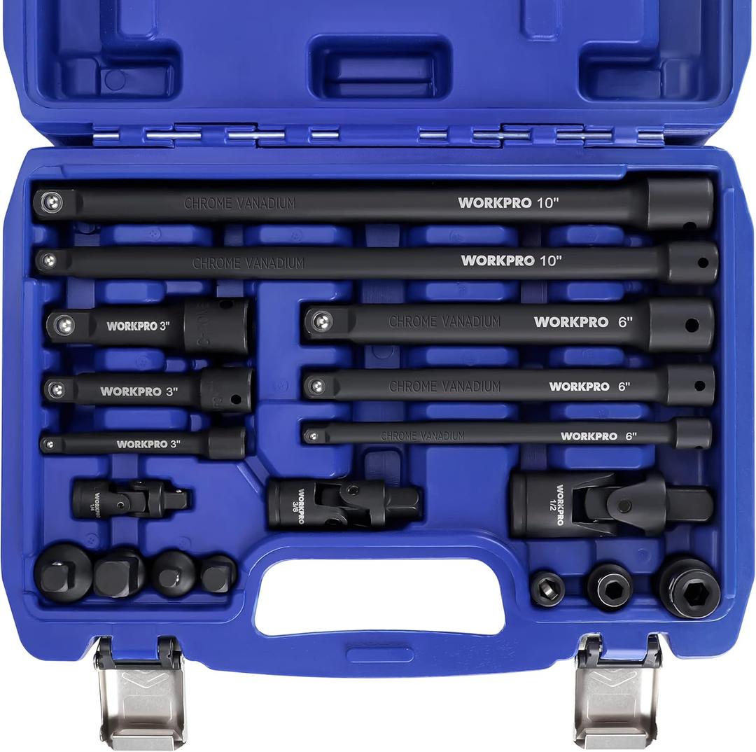WORKPRO 18-Piece Impact Socket Extension Set, Includes Socket Adapters, Ratchet Extension Set, Socket Extension Bar, Swivel Universal Joints and Impact Coupler, 1/4", 3/8" & 1/2" Drive