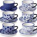 vancasso 8OZ Cappuccino Cups with Saucers, Porcelain Espresso Cups Set of 6 for Latte, Vintage Blue Coffee Cups, Tea Cup Set for Specialty Coffee Drinks, Gift, Series SELENE