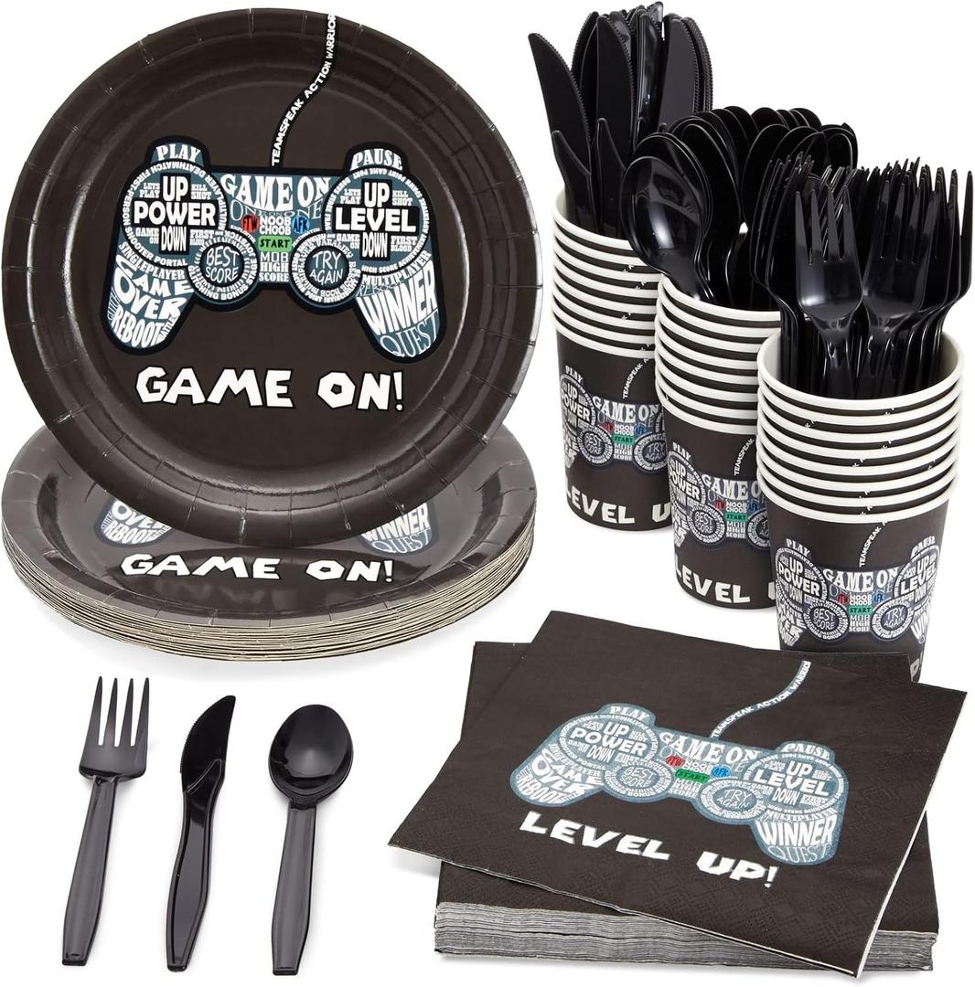 144 Piece Video Game Party Supplies Set, Serves 24 Includes Plates, Napkins, Cups, Cutlery  Video Game Birthday Decorations for Gamers & Themed Parties Decorations