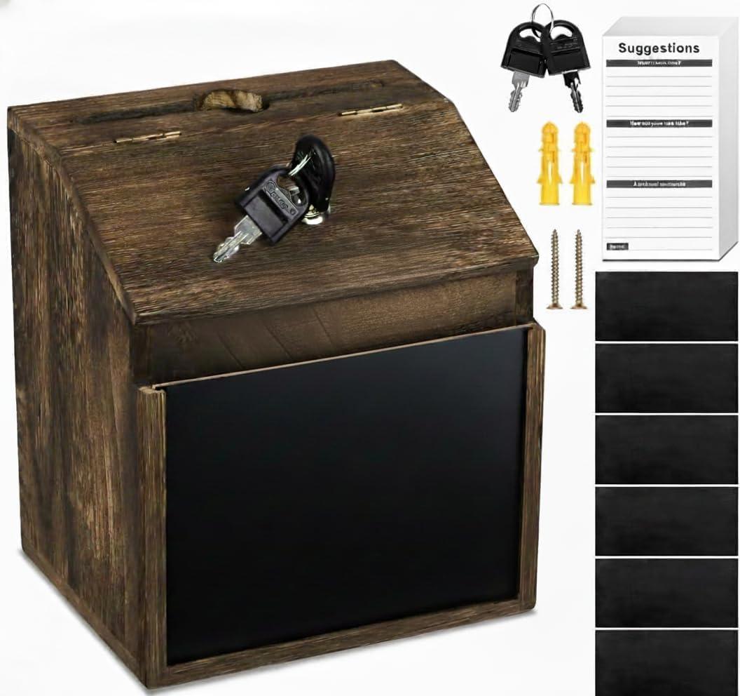 Wood Suggestion Box with Lock - 6 Chalkboard, 100 Suggestion Cards, Tip Jar, Wall Mountable Donation Box, 8x7x6Inches
