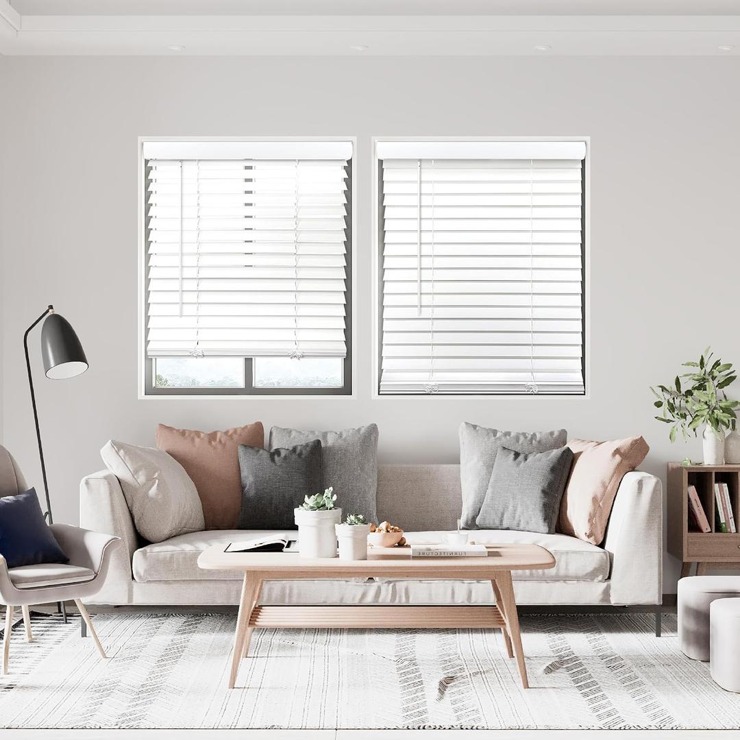 DEZ FURNISHINGS Cordless 2" Smooth Faux Wood Blind, 34" W x 60" H, Smooth White
