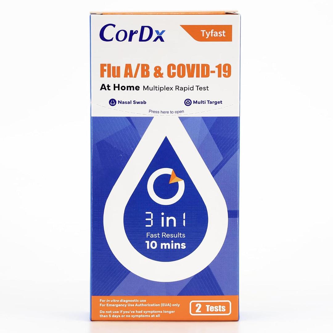 CorDx TyFast at Home Flu A/B & COVID-19 Multiplex Rapid Test Kit, Easy, Accurate, Fast Results in 10 Minutes, 3 in 1 Combo Kit, 2 Tests