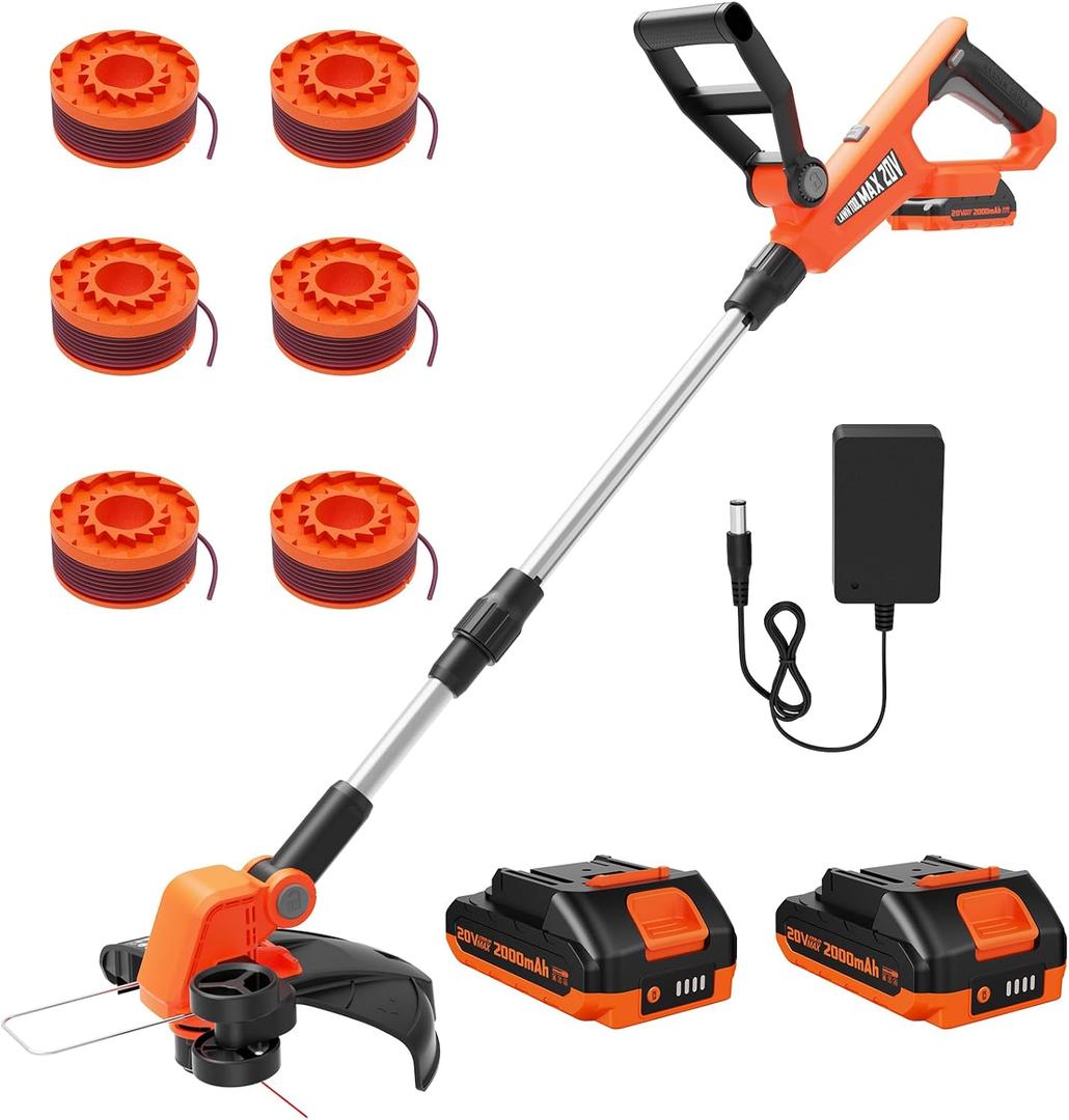 VARSK 12 Inch 20V Cordless Weed Wacker with Automatic Line Feed, 2 in 1 String Trimmer and Edger, Includes 2 X 2.0Ah Batteries/1 X Charger/6 X Replacement Spools, Weed Eater for Lawn, Garden, etc (Light Orange)