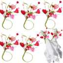 5 Pcs Flower Napkin Rings Valentine Day Heart Red Floral Holder Table Decor Handcraft Artificial Leaves for Wedding Anniversary Mothers Day Party Dinner Supplies