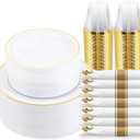 350 Piece Gold Dinnerware Set,100 Plastic Plates, 50 Cups,50 Pre Rolled Napkins with Plastic Silverware, Disposable Gold Dinnerware Set for 50 Guest