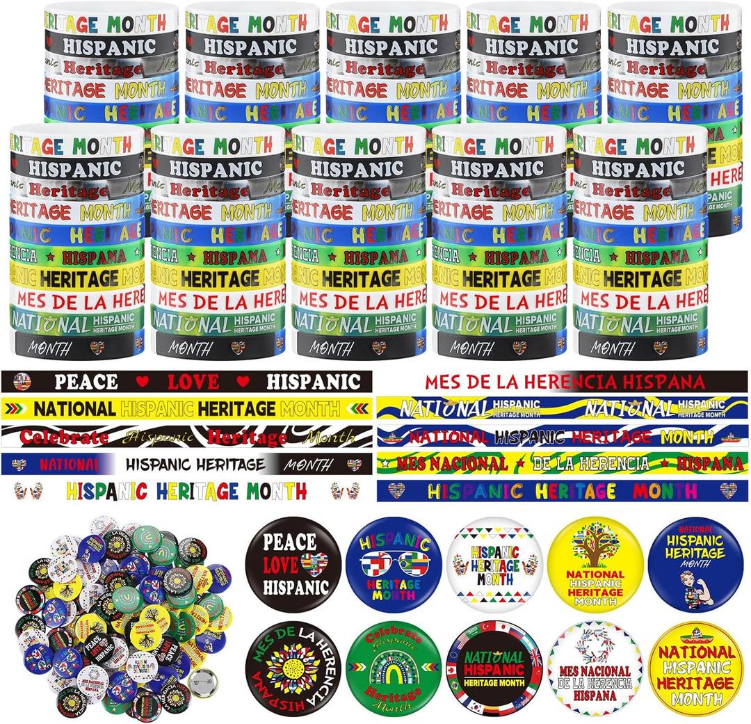 Remuuly 200 Pcs Colorful Hispanic Heritage Month Accessories Set Include 100 Silicone Bracelet 100 Inspirational Pin for Latino Hispanic Celebration Accessories
