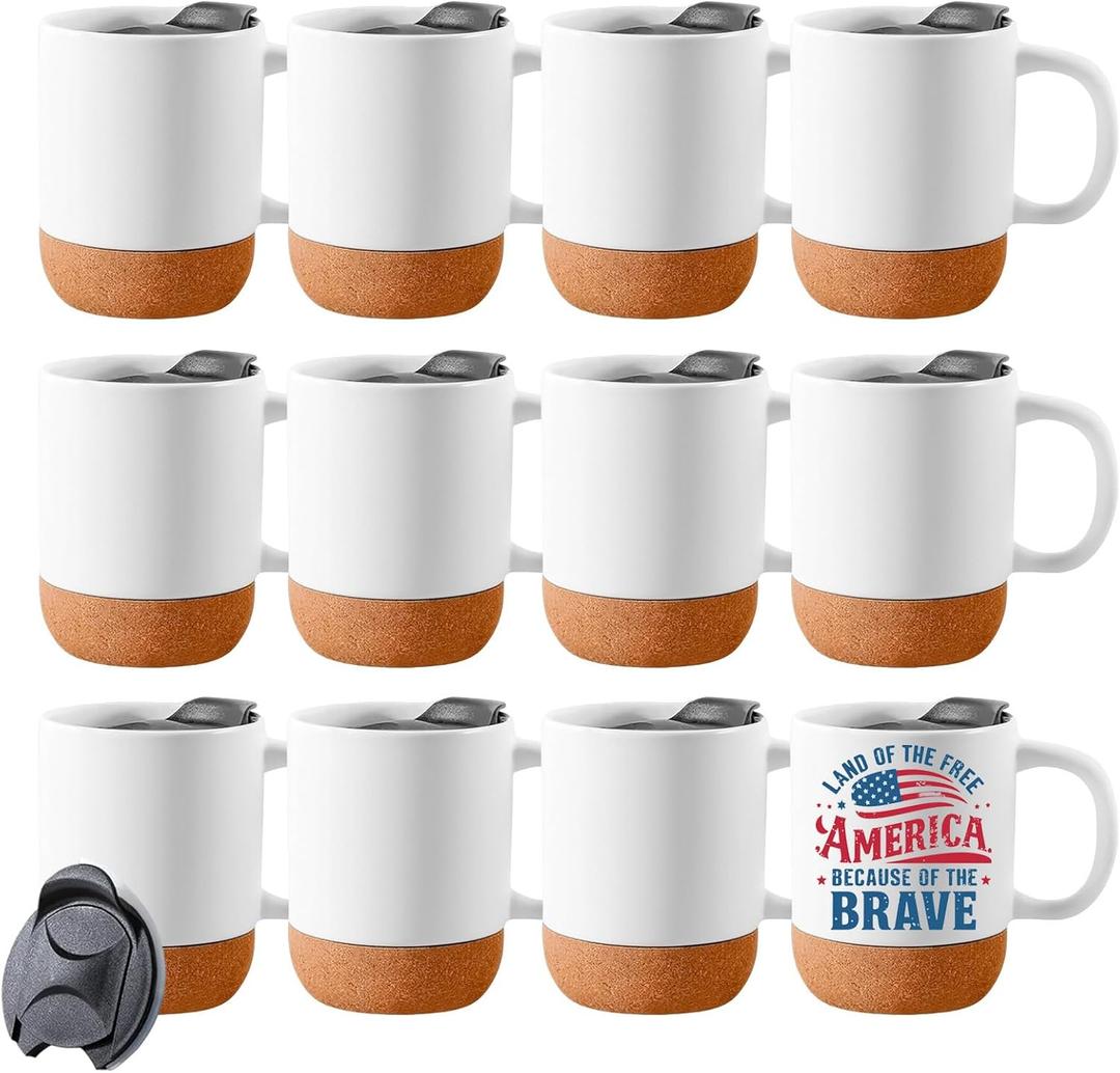12 Pack 15 oz Sublimation Mugs with Cork Bottom and Splash Proof Lid White Tumbler Ceramic Coffee Cups for Latte Hot Cocoa Matte