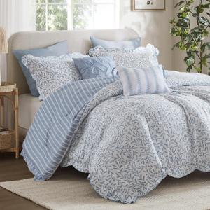 Madison Park 5-Piece Reversible Botanical Comforter Set - Summer Floral Print with Scalloped Edges, Lightweight Bedding with Decorative Pillows, Queen, Blue | Reversible, Lightweight