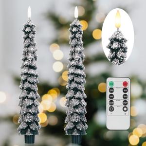 Christmas Tree Candles with 3D Wick, 11.4" Green Real Wax Flameless Taper Candles with Remote, Flickering LED Xmas Candlesticks Battery Operated Candle for Home, Party Decor, 2 Packs