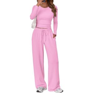 Trendy Queen Women's 2 Piece Matching Lounge Set Long Sleeve Side Ruching Top Wide Leg Drawstring Pants Set with Pockets (Medium, Light Pink)