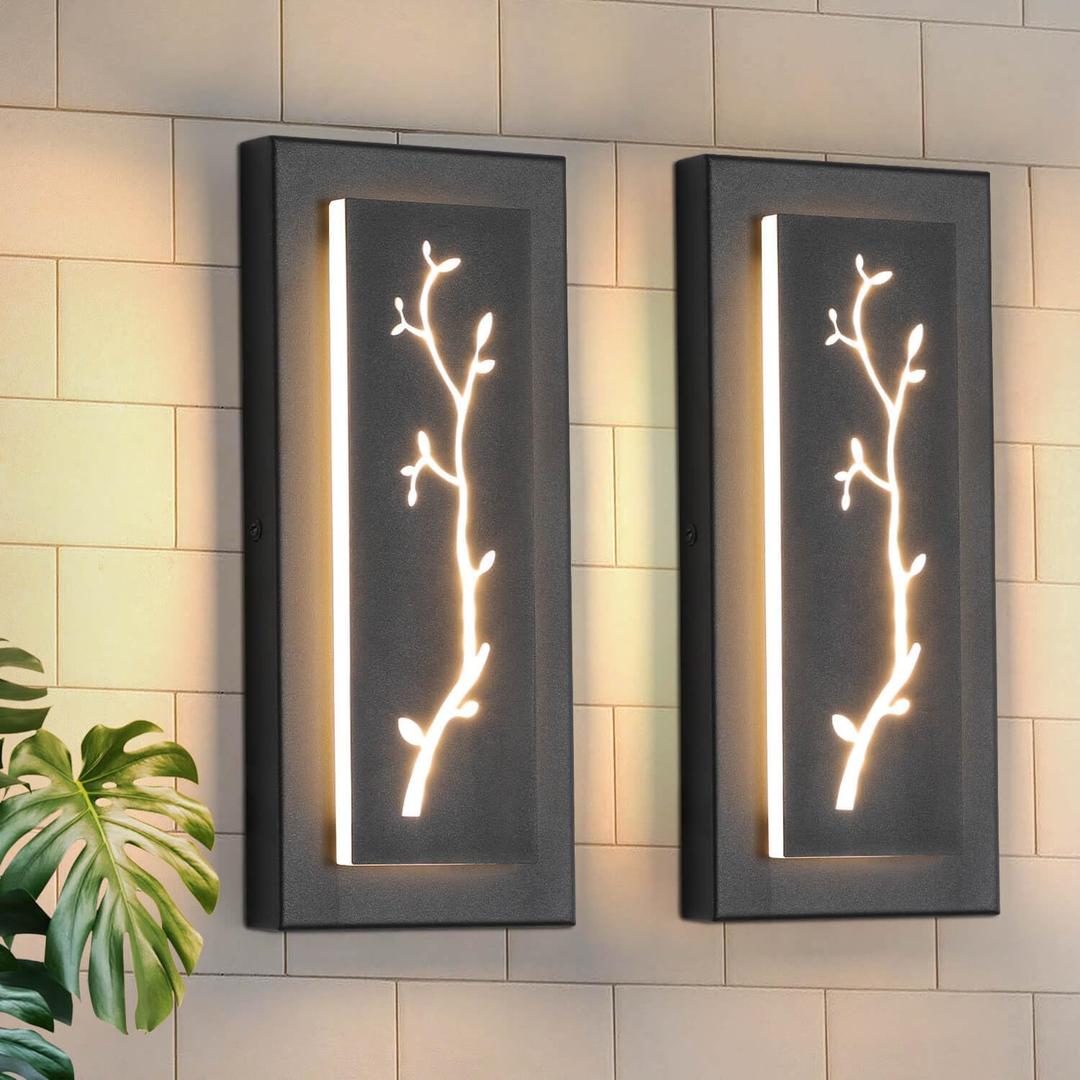 tewei LED Outdoor Wall Sconce, 15.7'' Black Outdoor Front Porch Lights Modern Exterior Lighting Fixtures, LED Exterior Wall Sconce for House, Hallway, Warm White 3000K, 2 Pack