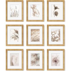 8x10 Picture Frame Set of 9, Display Pictures 5x7 with Mat or 8 x 10 Without Mat, Multi Photo Frames for Wall Mounting or Table Top Display, Natural Oak