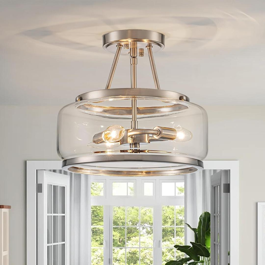 Brushed Nickel Semi Flush Mount Ceiling Light Fixture 3 Light,11.8 Inch Small Drum Modern Glass Ceiling Light Fixtures for Bedroom,Entryway,Hallway,Kithcen,Dining Room,Bathroom
