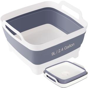 Collapsible Dish Basin 2.4Gal with Drain Plug - Portable Sink for RV Camping Sink, Baby Bottles | Space Saving Foldable Design | BPA-Free TPR/PP Material (Grey)