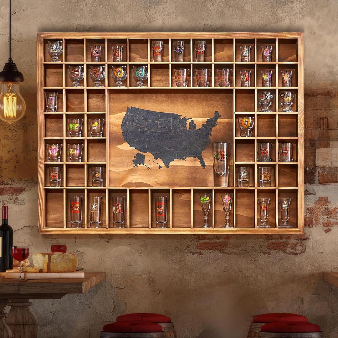 Large Shot Glass Display Case with US Map,60 Slots, 34 X 26 Inch Rustic Wood Shot Glass Display Cabinet for 2 Size -In Rooms Bars Wine Cellars with Shot Glasses Jewelry Shell & Keepsakes