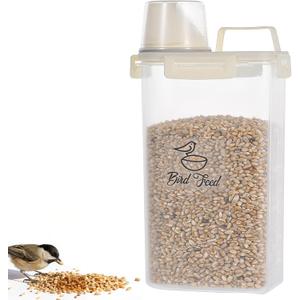3.17 Qt/3 L Bird Seed Storage Container Airtight- Portable Bird Food Container with Airtight Measuring Cup, Clear Pet Parrot Seed Dispenser for Birds Food Chicken Feed Storage, Beige Lid
