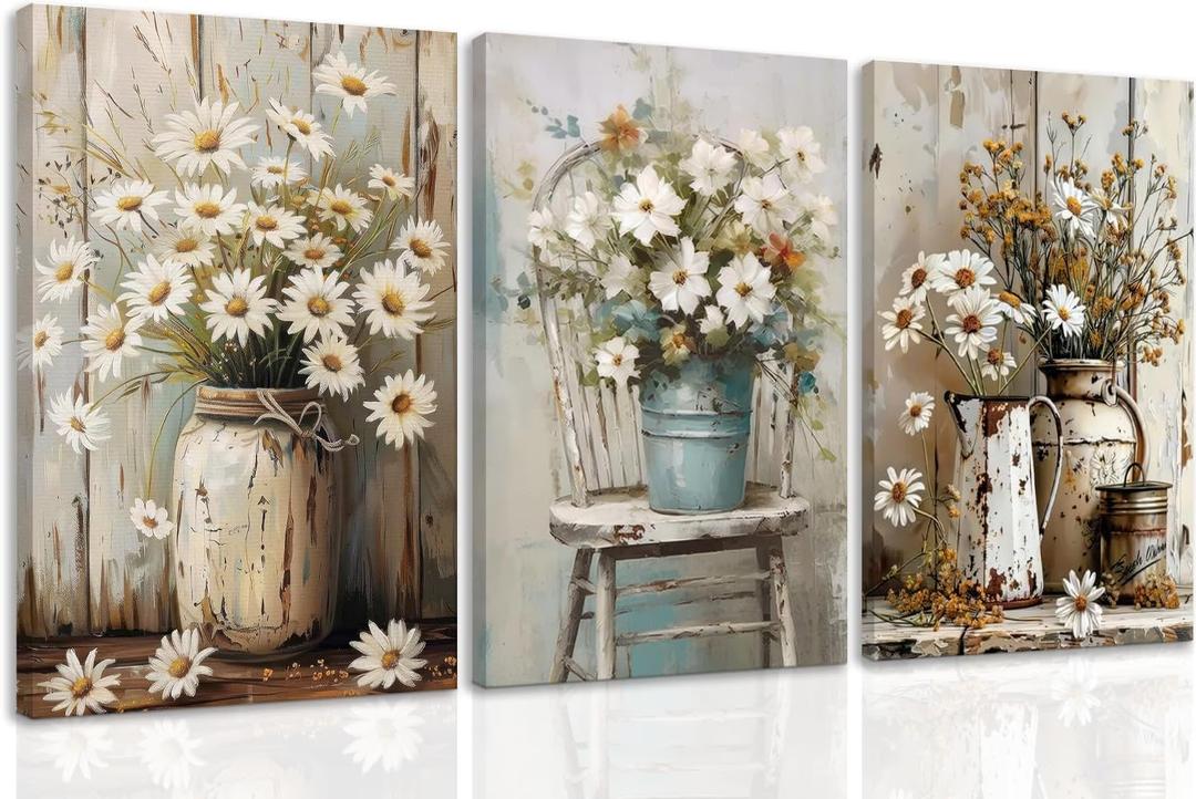 DUWQU 3 PCS Elegant Farmhouse Canvas Wall Art, Vintage Floral Pictures Art Wall Decor, Nature Themed Daisy Art Prints for Living Room Bedroom Kitchen and Office Ready to Hang 16×24 Inches
(flower)