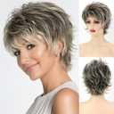 SEVENCOLORS Short Brown Mixed Blonde Wigs for White Women Layered Natural Dark Brown Pixie Wig with Highlights Synthetic Hair Womens Wigs