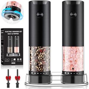 Electric Salt and Pepper Grinder Set, Automatic Salt and Pepper shakers with Upgraded 6-Level External Adjustable Coarseness, Battery Operated, Larger Capacity with Led for Home Kitchen (Black/Black)