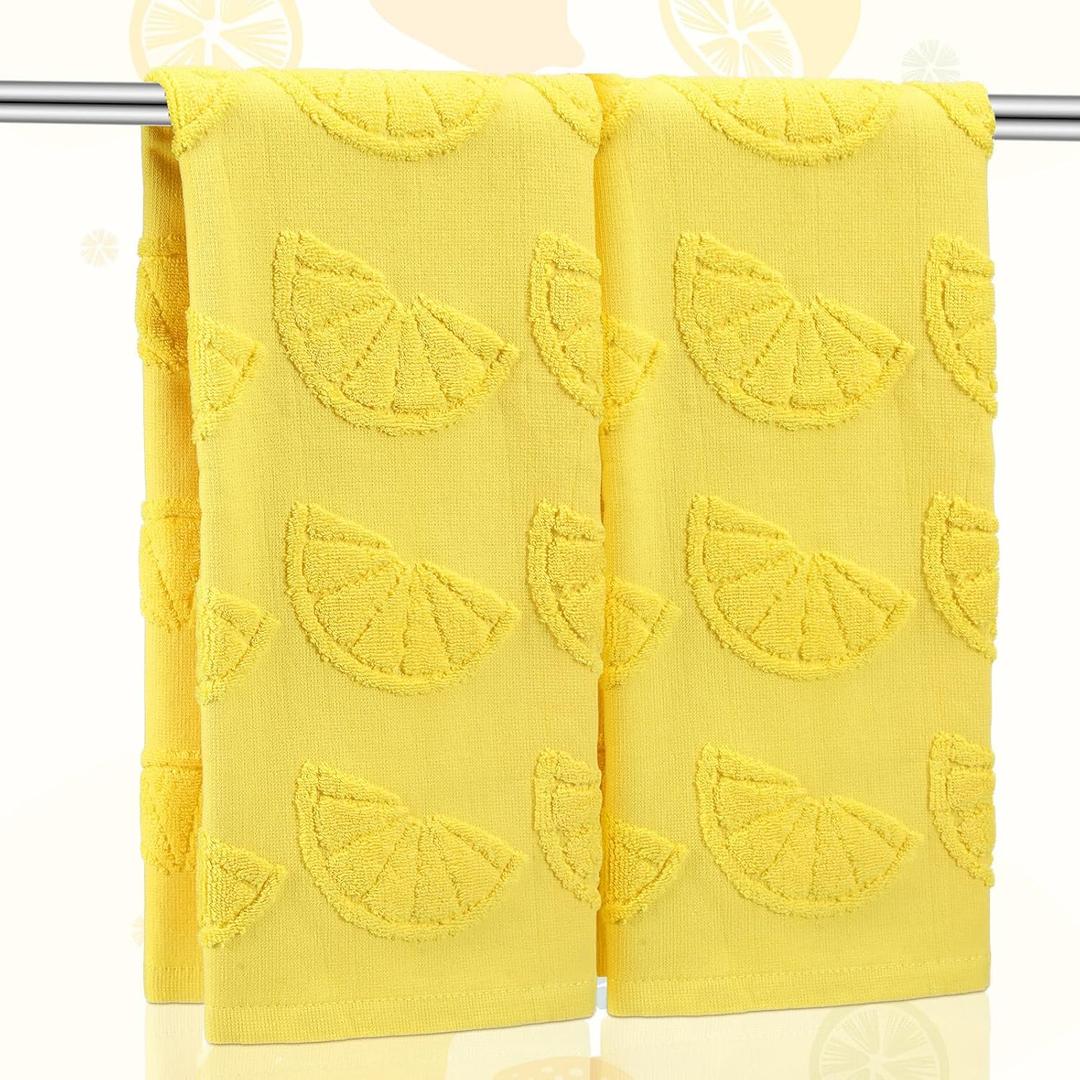 2 Pcs Lemon Hand Towels for Bathroom Decor 100% Cotton Jacquard Weave Soft Absorbent Dish Washcloth Yellow Bath Towel for Bathroom Kitchen Tropical Gifts, 14 x 29 Inches