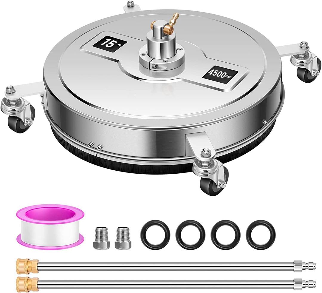 15 Inch Stainless Steel Surface Cleaner for Pressure Washer Attachment with 4 Wheel Casters 4000 PSI,1/4" Quick Connector, Power Washer with 2 Extension Wand Flat Surface Cleaner
