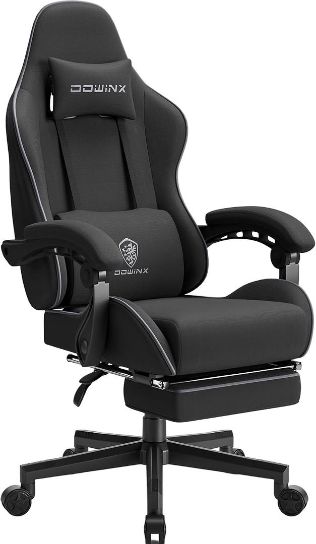 Dowinx Gaming Chair Fabric with Pocket Spring Cushion, Massage Game Chair Cloth with Headrest, Ergonomic Computer Chair with Footrest 290LBS, Black, Standard