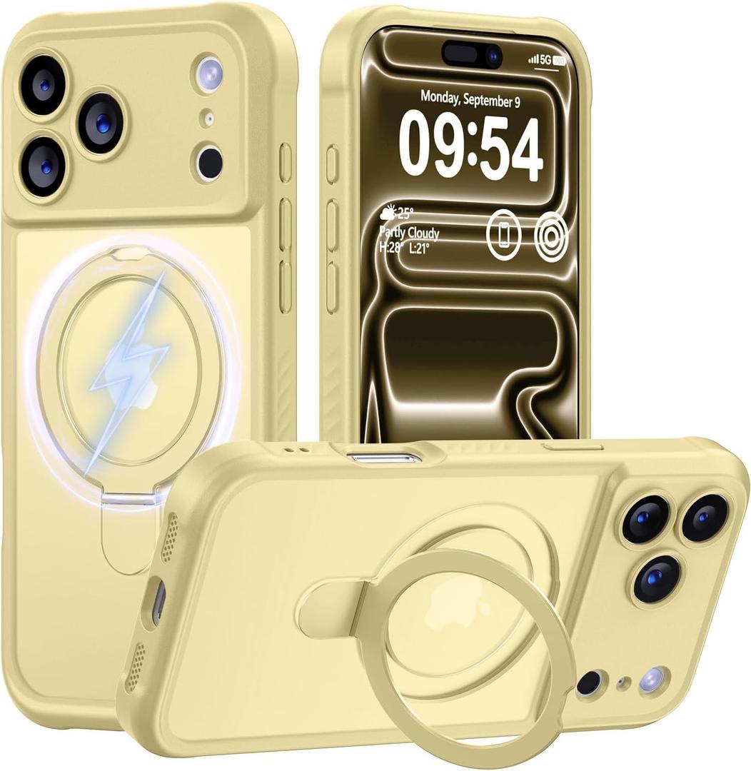 MOCCA Design for iPhone 17 Pro Case, Compatible with Magsafe [Premium Invisible Magnetic Ring Stand] [Military Drop Protection] Full Camera Guard Translucent Matte Slim Phone Cover 6.3",Creamy Yellow