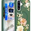 for Samsung Galaxy A36 5G Floral Phone Case with 2X Screen Protector, Military Grade Magnetic Translucent Matte Girls Women Flower Pattern Protective Cover for A36 5G (Green)