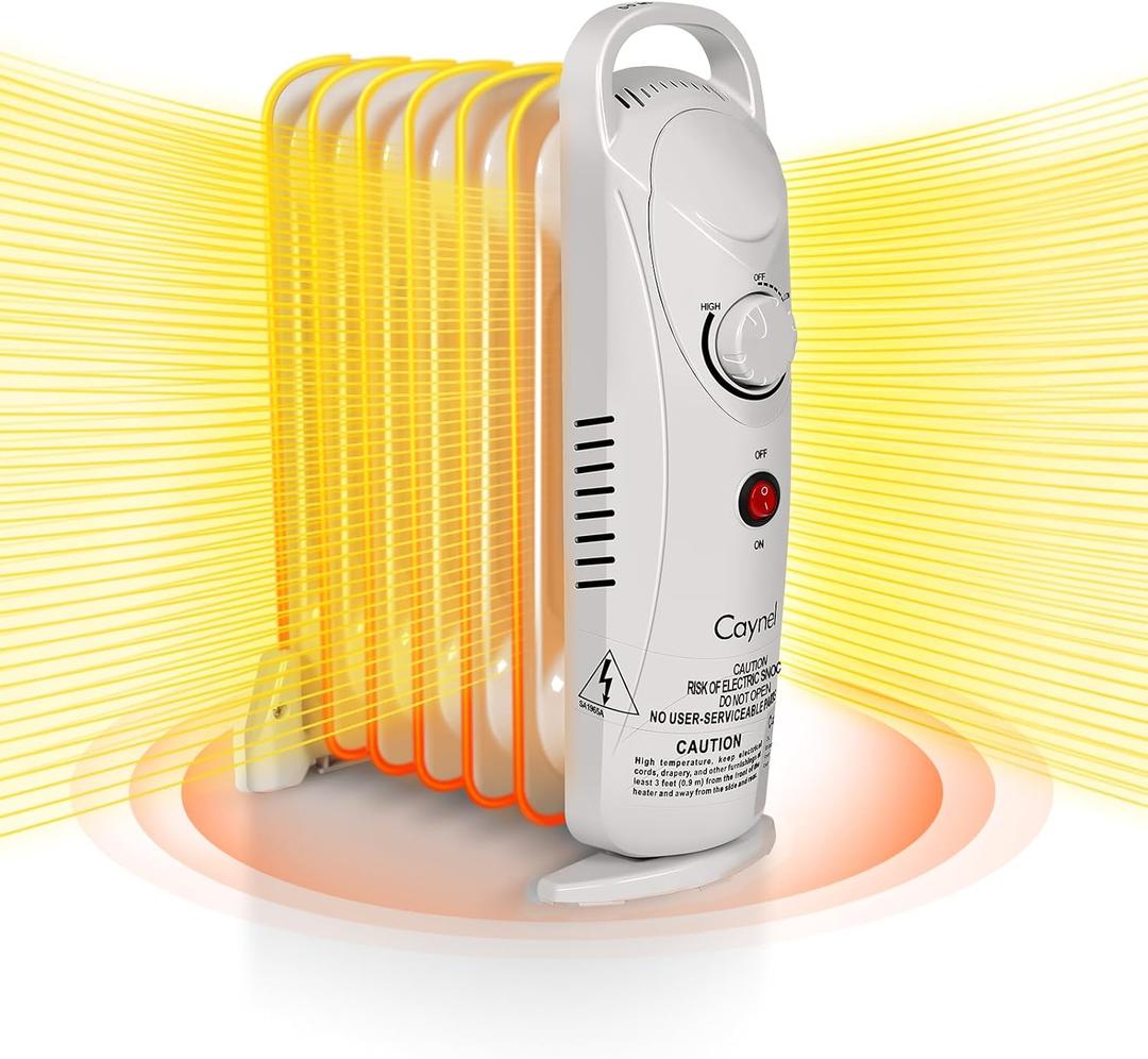 CAYNEL 7-Fin Electric Indoor Space Heater, Quiet Portable Room Heat with Thermostat, Energy Saving, Full Room Heater with Safety Features, Fast Heating, White (12inch)