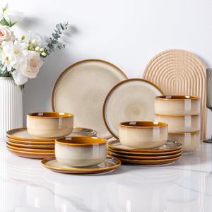LeRatio Ceramic Dinnerware Sets for 6,Poreclain Plates and Bowls Sets,Handmade Reactive Glaze Dishes Set,Chip Resistant and Scratch Resistant | Oven&Dishwasher & Microwave Safe)-Kahki(18PCS) (Service for 6 (18 Pcs), Modern-Kahki)