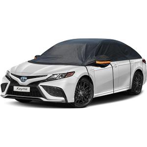 Kayme Half Car Cover, Windshield Cover for Ice and Snow Top with Reflective Straps, Roof Cover Waterproof All Weather Dust, Sun Protection. Front Rear Window Cover Fit Sedan. 3L (UP to 127'')