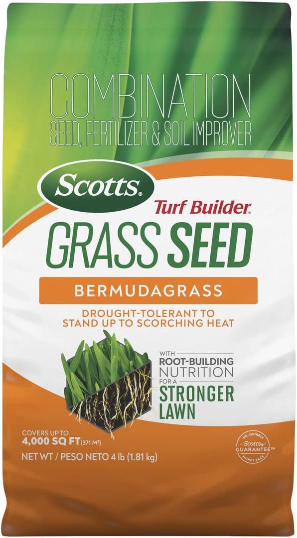 Scotts Turf Builder Grass Seed Bermudagrass – Lawn Seed with Grass Fertilizer and Soil Improver, DroughtTolerant, Covers up to 4,000 sq. ft., 4 lb.