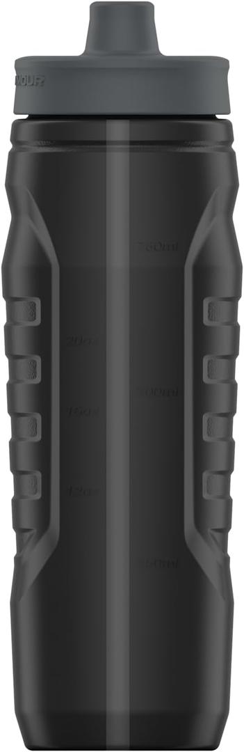 Under Armour Squeeze Water Bottles, 32 oz Water Bottles, Sideline Sports Water Bottle with Quick-Shot Lid, Quick & Easy Hydration, Gym Water Bottles, Squeeze Bottle, 1 32oz Bottle (Black/Pitch Grey)