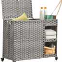 Laundry Hamper with Wheels, 42.3 Gal.(160 L) Laundry Sorter with Shelves, Rattan Clothes Hamper with 4 Removable Liners & 3 Mesh Bags, Handwoven Organizer for bedroom, bathroom, laundry room, Grey, 31.5"L x 13"W x 23.62"H