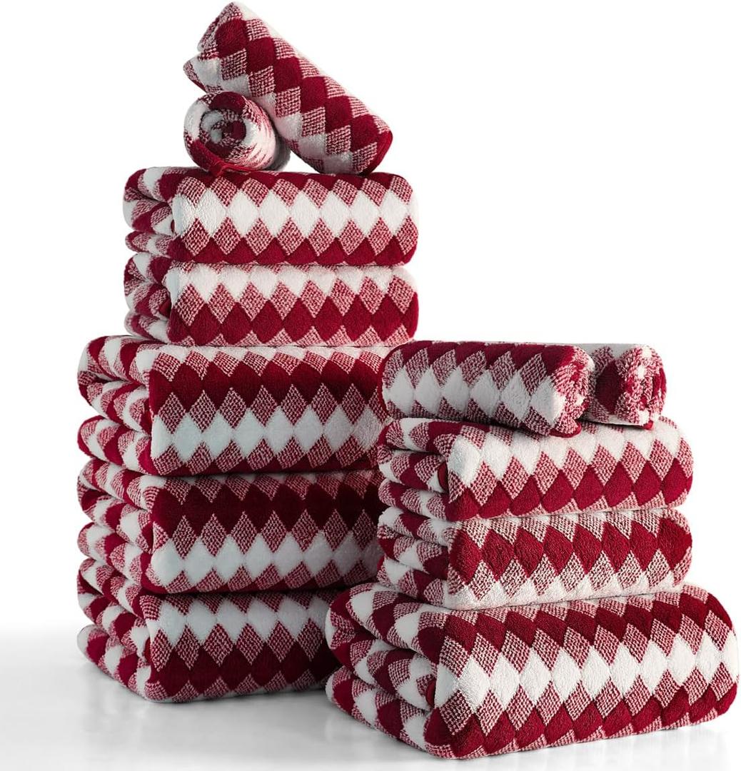 12 Pcs Burgundy Diamond Towel Set-4 Bath Towels,4 Hand Towels,4 Washcloths Soft Polyester Towels with Loop Absorbent Shower Towel Quick Dry Beach Chair Towel Family Towels for Bathroom Spa Gym Pool