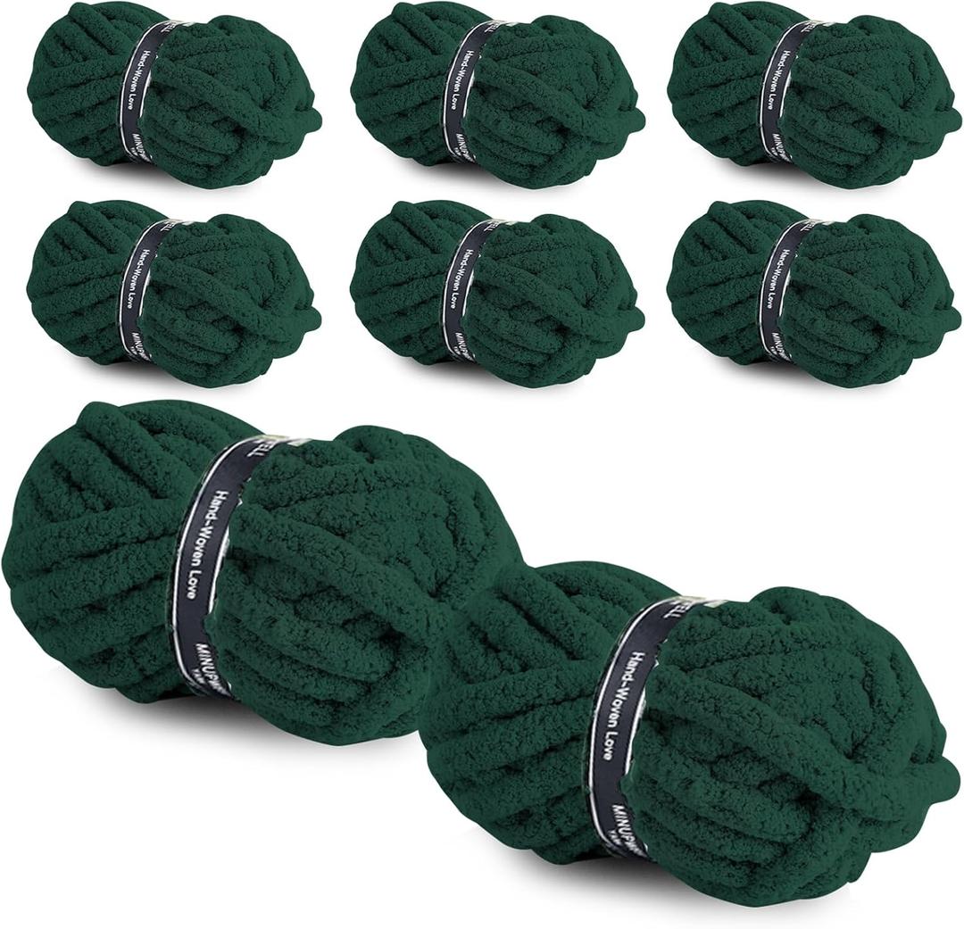 8 Packs Jumbo Chunky Chenille Yarn - 1820g(64oz) 254 Yards (761ft) Bulky Yarn - Chunky Yarn for Hand Knitting Blanket,Cushions, Pet Bed - Soft and Durable (Dark Green)
