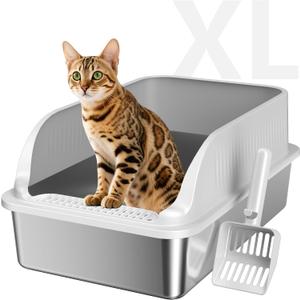 Stainless Steel Cat Litter Box with Lid, XL Extra Large High Sided Litter Box for Big Cats, Odor Free Open Top Litter Pan Easy Cleaning Anti-Urine Leakage Non-Stick, Includes Scoop, Light Grey
