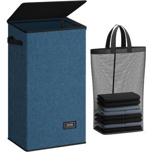 SOLEDI Laundry Hamper with Lid 100L Large & Tall Collapsible Laundry Baskets, Clothes Hamper with Bag Removable Easy to Carry, Dirty Hampers for Bedroom, Bathroom, Dorm, College, Blue