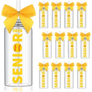 Skylety 12 Pack 2026 Softball Senior Night Gifts Softball Tumbler Cups with Lid and Straw Bow Decorated 13.5 oz Plastic Cup Clear Reusable Water Bottles for Sports Team