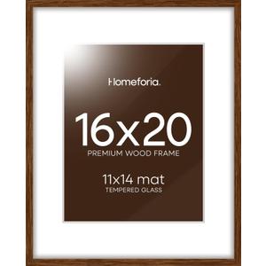 Homeforia 16x20 Picture Walnut Frame, High End Dark Oak 16x20 Wooden Brown Frames with Mat 11x14, 16 x 20 Wood Poster Frame Matted to 11 by 14, 20x16 Hanging Frames, Tempered Glass, Wall Kit, Set of 1