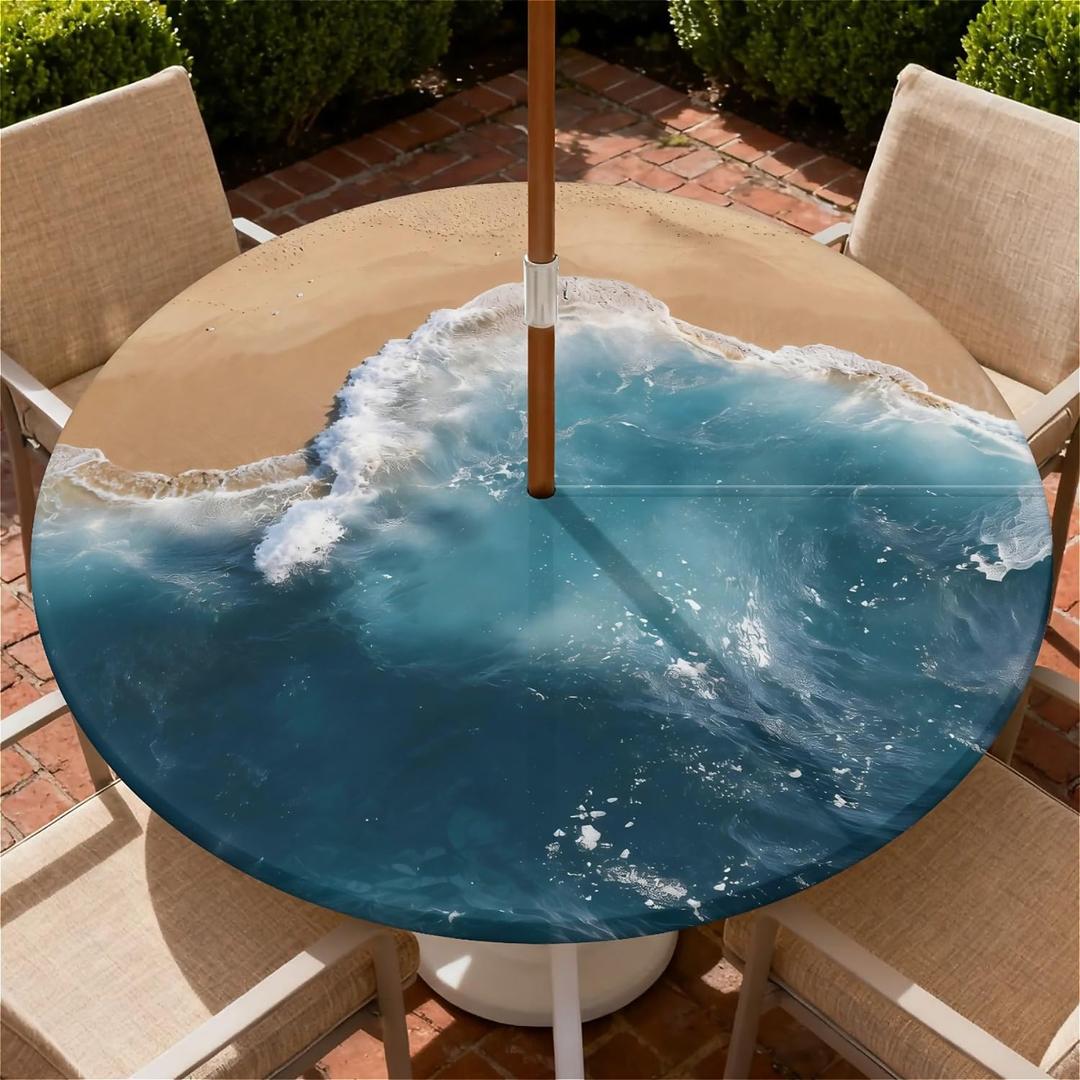 Round Outdoor Tablecloth with Umbrella Hole, Zippered Fitted Tablecloth with Elastic Edge, Waterproof Table Cloth Tablecover for Picnic Party Fits 45"-48" Round Table, Ocean Wave
