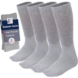 Debra Weitzner Diabetic Socks for Men and Women Over the Calf Knee High Cotton Socks Loose Fit 4 Pairs (9-11, Grey)