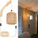 Frideko Rattan Wall Lamp with Plug in Cord Hand Woven Plug in Wall Sconces Paper Rope Wall Light Farmhouse Wall Sconce Wall Mounted Light Boho Wall Sconces Wall Lighting for Bedroom Living Room (Brown)