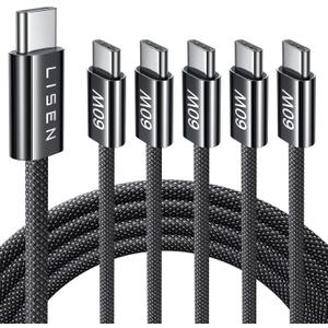 LISEN USB C Cable, 5-Pack [6.6FT] USBC to USBC Cable for iPhone 16e 15 Pro Max Charger Cord, 60W (3.1A) C to C Cable Fast Charging for Samsung S25/S24/23, Switch 2, iPad, MacBook,Black